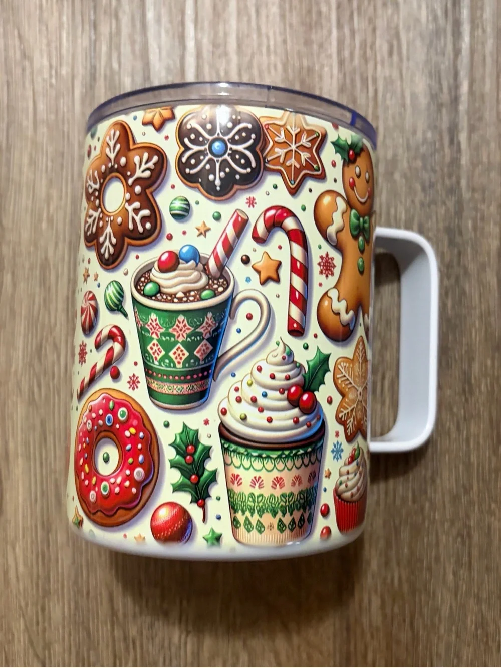 Holiday Coffee, Cookie & Cupcake Pattern Tin Travel Mug w/ Lid & Handle